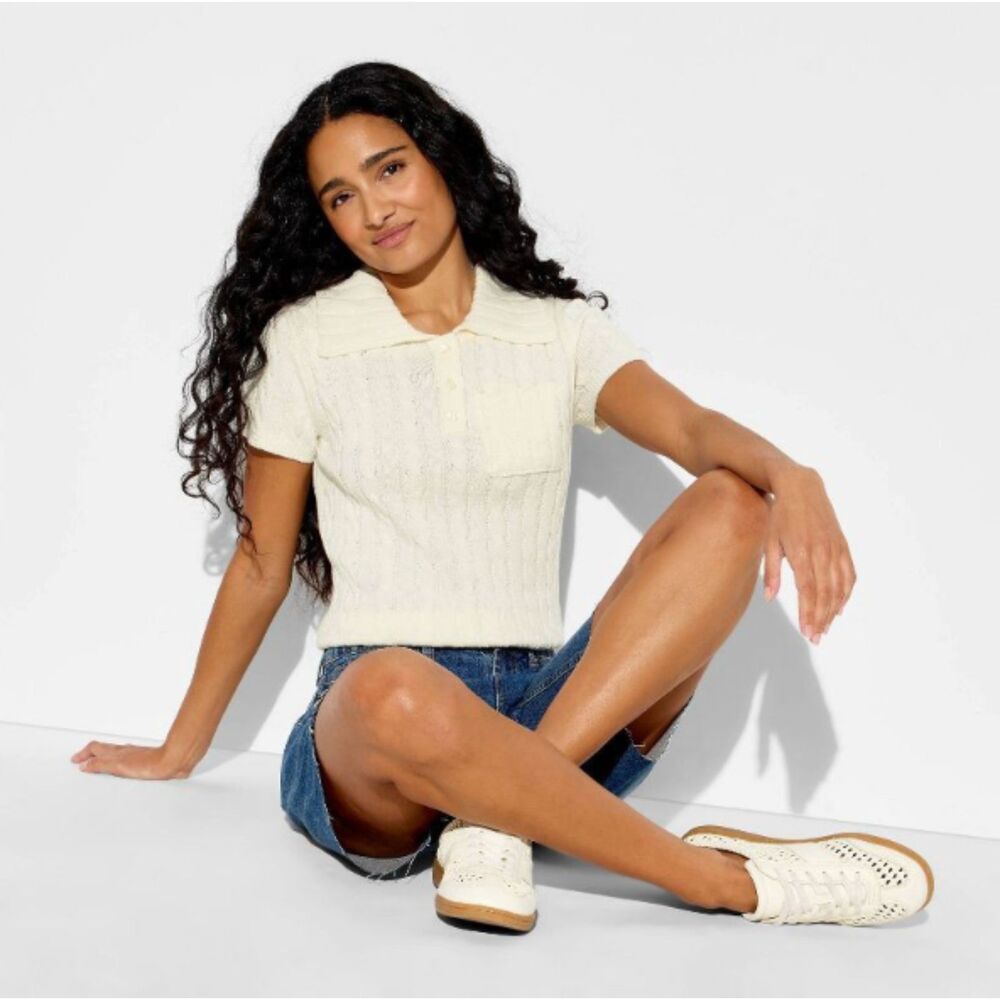 Women's Short Sleeve Cable Polo Pullover Sweater Wild Fable Cream Small